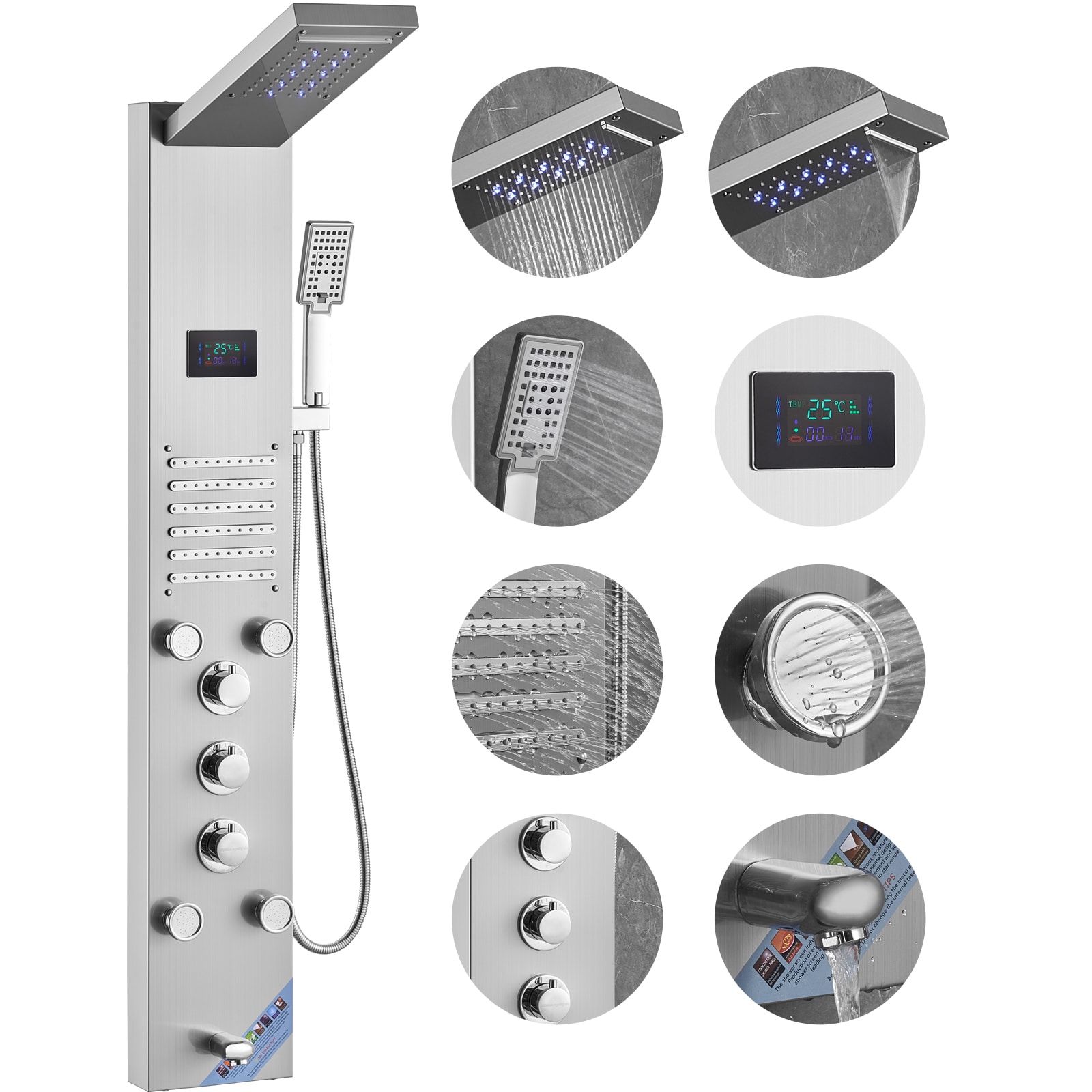 Stainless Steel Shower Panel Tower With Led Rainfall Massage_voghion.com